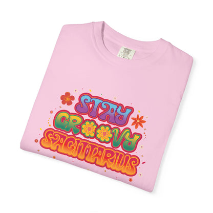 Stay Groovy Sagittarius – Retro Zodiac Flower Power Tee