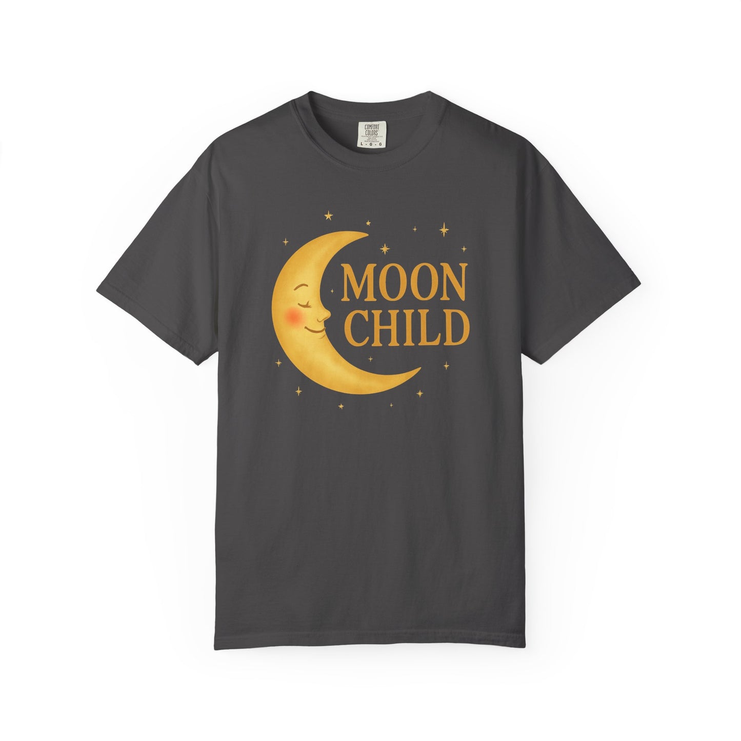 Moon Child Crescent Tee – Vibrant Golden Celestial Comfort Colors 1717 Shirt