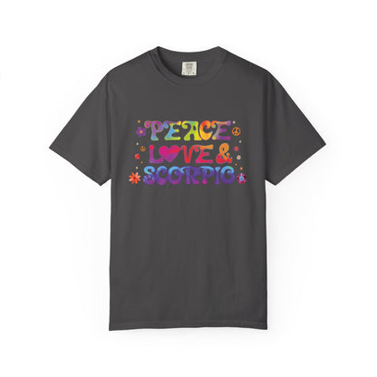 Peace Love & Scorpio Tee – Colorful Retro Zodiac Shirt