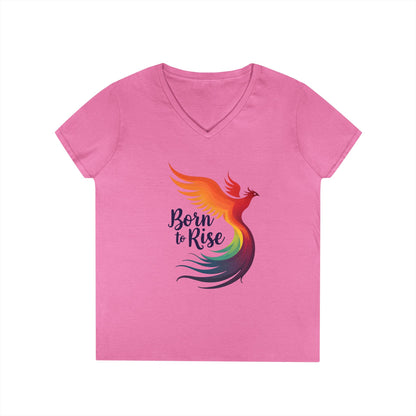 Born to Rise Women’s V-Neck Tee – Empowering Phoenix Colorful Shirt