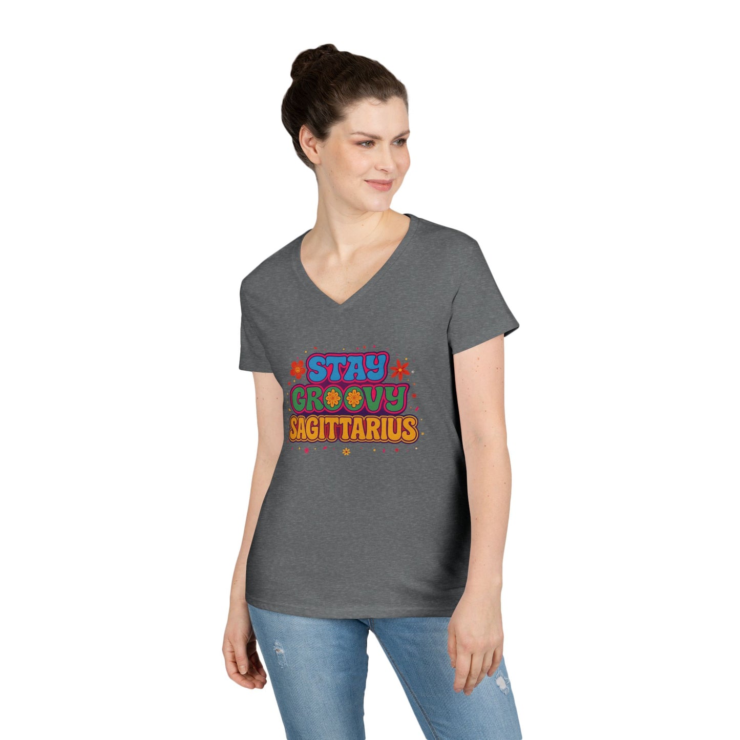 Stay Groovy Sagittarius Women’s V-Neck Tee – Empowering Retro Zodiac Shirt