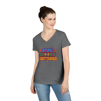 Stay Groovy Sagittarius Women’s V-Neck Tee – Empowering Retro Zodiac Shirt