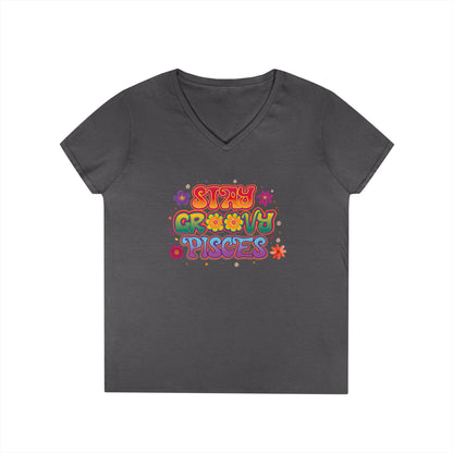 Stay Groovy Pisces Women’s V-Neck Tee – Empowering Retro Zodiac Shirt