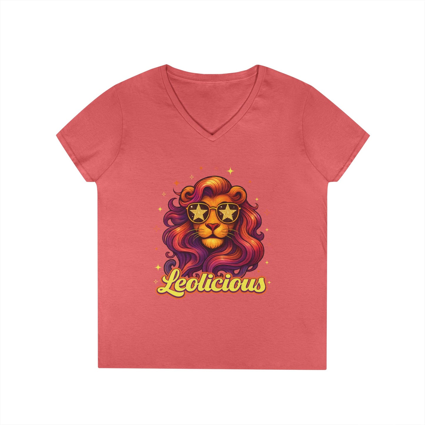 Leolicious Women’s V-Neck Tee – Empowering Retro Lion Zodiac Shirt
