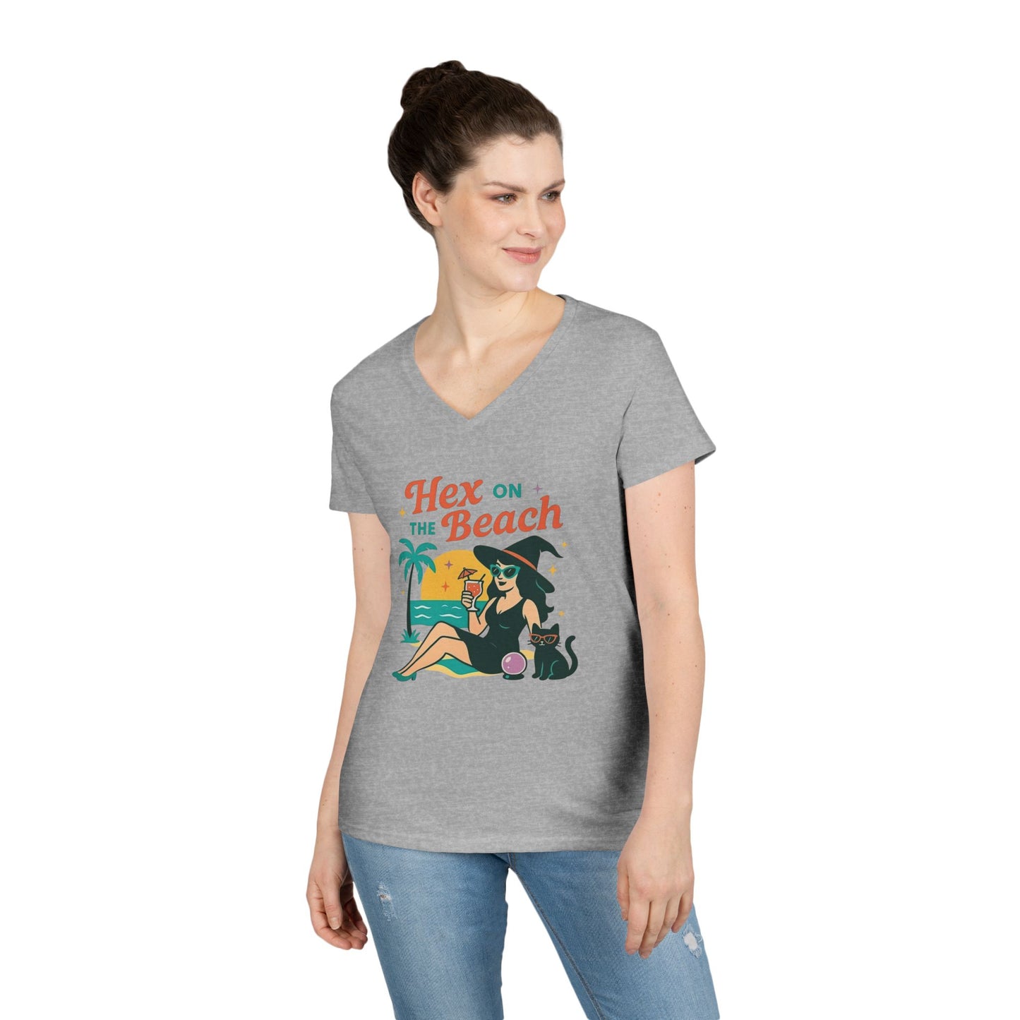 Hex on the Beach Women’s V-Neck Tee – Funny Magical Tropical Witch Shirt
