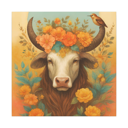 Bull with Bird – Floral Serenity Wall Art (Taurus Inspired), Square