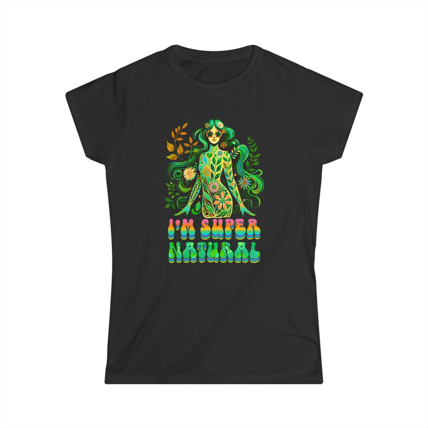I’m Super Natural Women’s Softstyle Tee – Empowering Botanical Retro Shirt