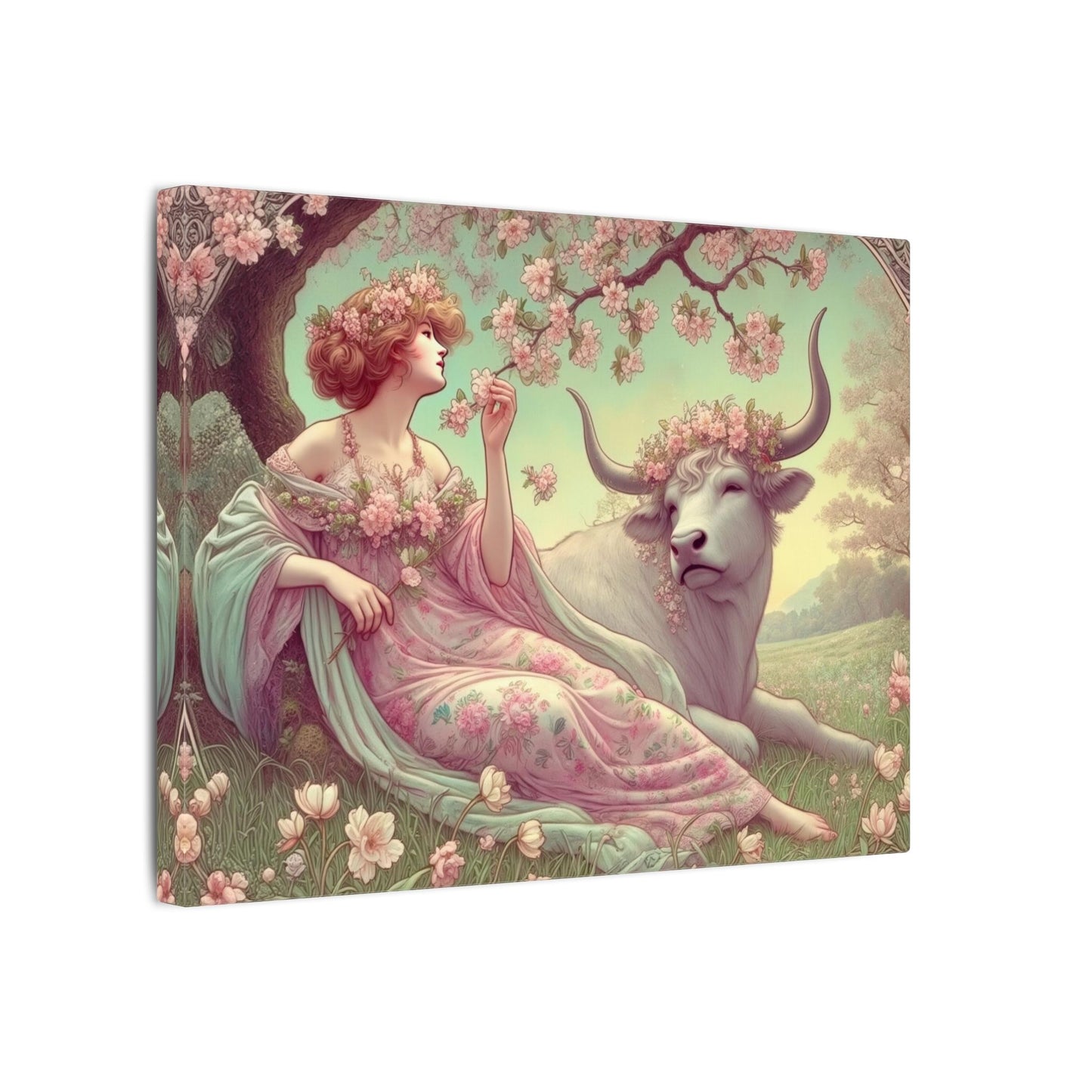 Secret Meadow: Bull and Bloom | Taurus Goddess Art Nouveau Zodiac Wall Art