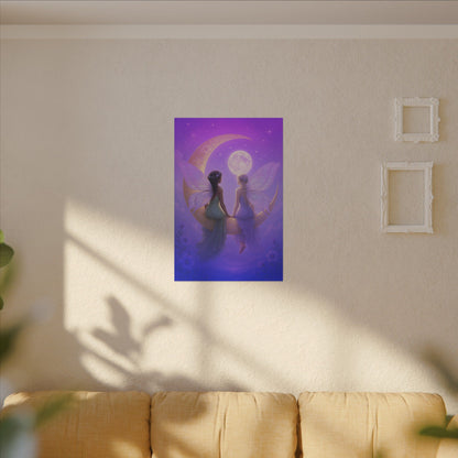 Fairy Friends on the Moon – Enchanted Purple Dream Wall Art