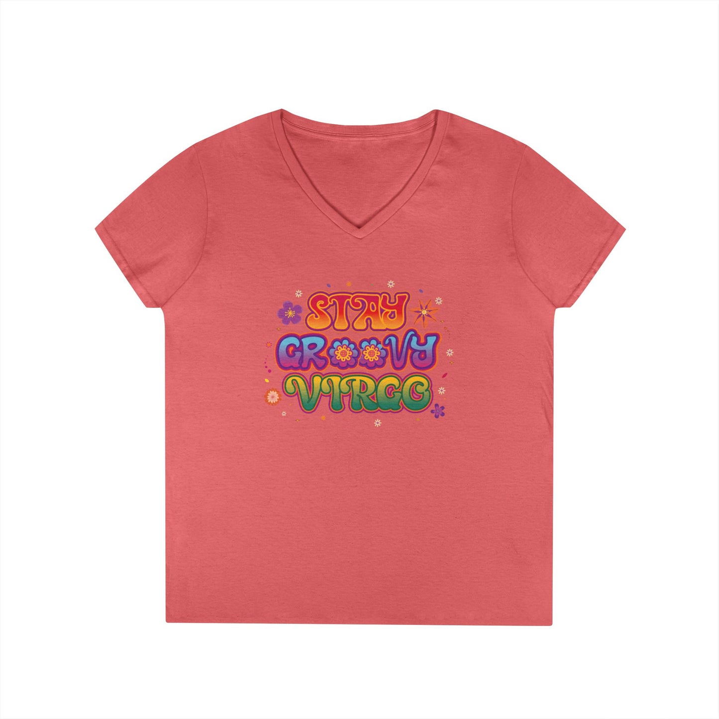 Stay Groovy Virgo Women’s V-Neck Tee – Empowering Retro Colorful Shirt