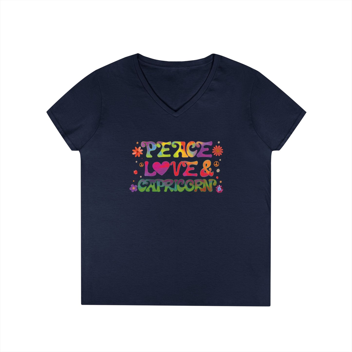 Peace Love Capricorn Women’s V-Neck Tee – Empowering Retro Zodiac Shirt