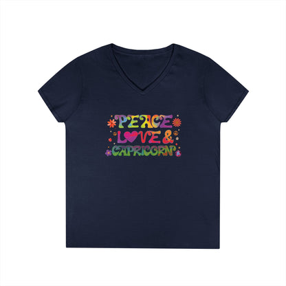 Peace Love Capricorn Women’s V-Neck Tee – Empowering Retro Zodiac Shirt