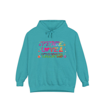 Peace Love & Taurus Unisex Hoodie – Groovy Retro Comfort Colors Midweight Hoodie