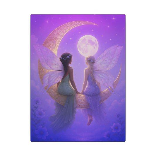 Fairy Friends on the Moon – Enchanted Purple Dream Wall Art