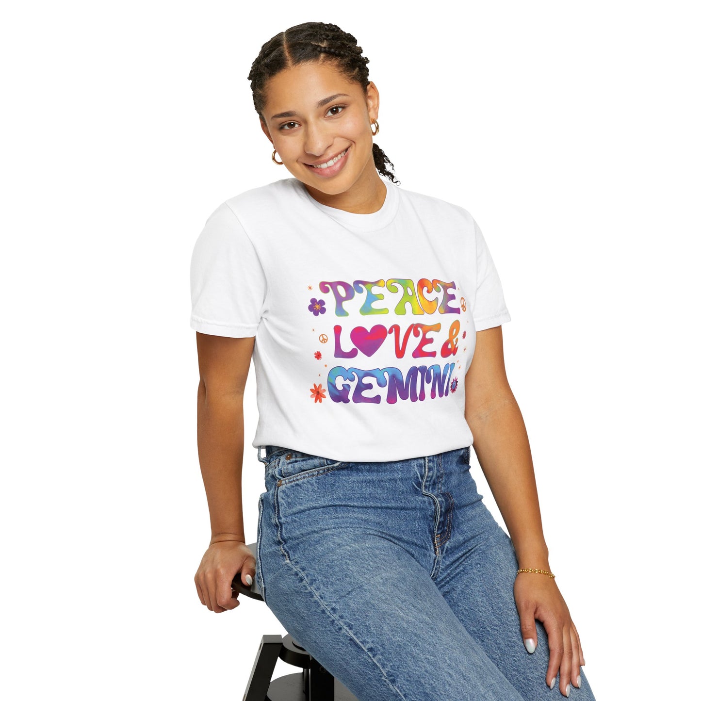 Peace Love & Gemini – Retro Groovy Zodiac Tee