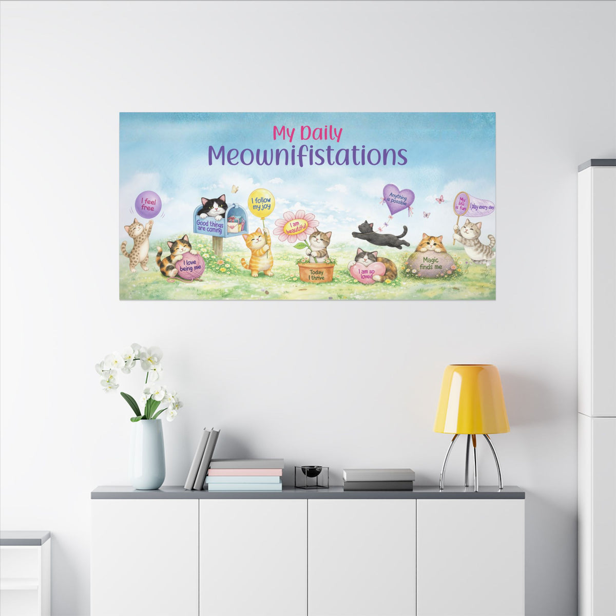 Cat Affirmation Wall Art, Whimsical Cats Canvas Print, Positive Affirmation Home Decor, Cute Cat Lover Gift, Inspirational Stretched Canvas Art