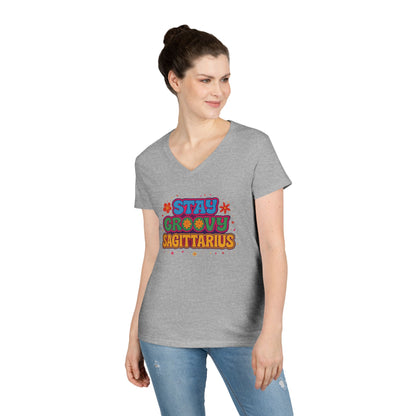 Stay Groovy Sagittarius Women’s V-Neck Tee – Empowering Retro Zodiac Shirt