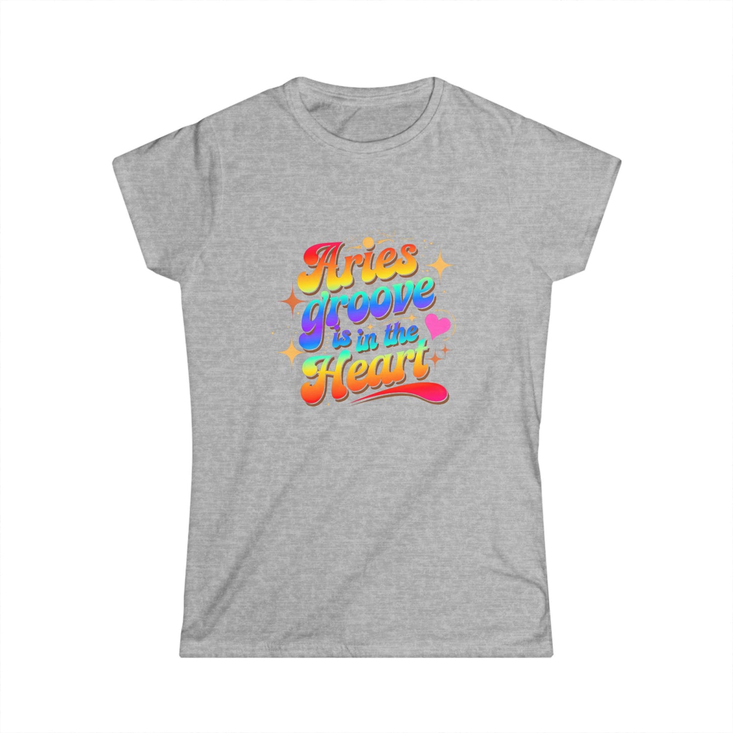 Aries Groove Is in the Heart T-Shirt | Rainbow Aries Vibes Tee | Zodiac Astrology Shirt for Her | Cosmic Birthday Gift | Women's Softstyle Star Sign Tee