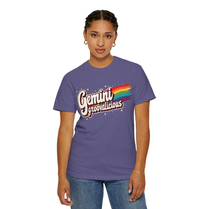 Gemini Groovalicious - Retro Rainbow Script Zodiac Tee