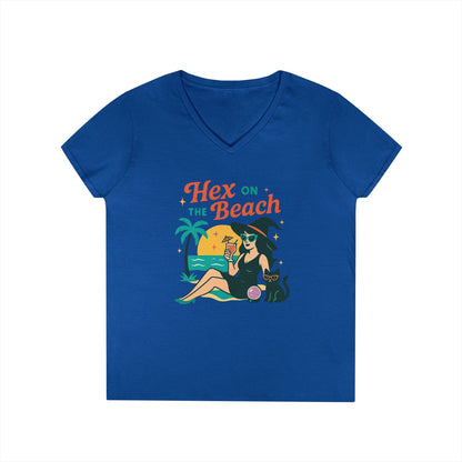Hex on the Beach Women’s V-Neck Tee – Funny Magical Tropical Witch Shirt
