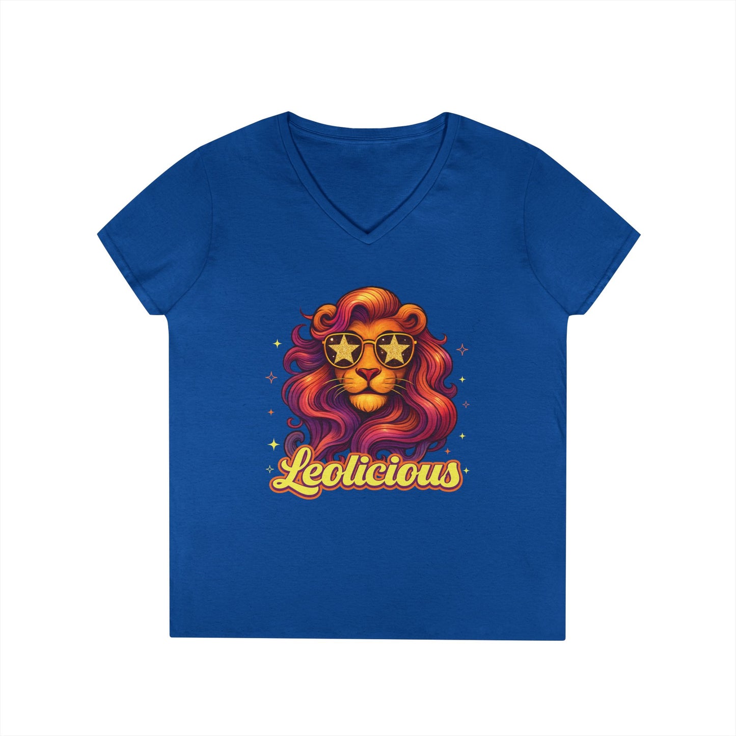 Leolicious Women’s V-Neck Tee – Empowering Retro Lion Zodiac Shirt