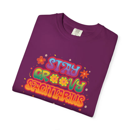Stay Groovy Sagittarius – Retro Zodiac Flower Power Tee